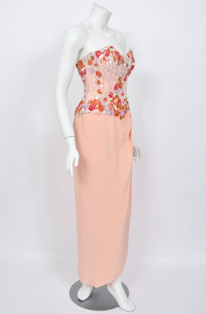 1990's Bob Mackie Pale Pink Heavily-Beaded Silk Strapless Bustier Hourglass Gown