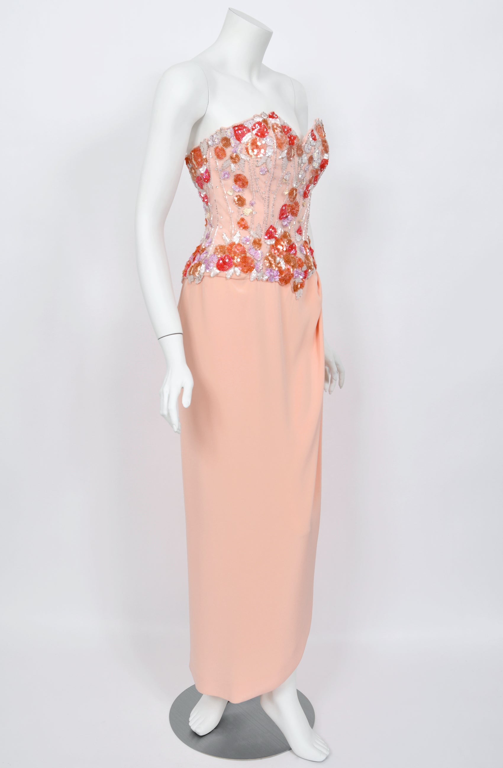1990's Bob Mackie Pink Beaded Silk Strapless Bustier Hourglass Gown 1990's Bob Mackie Pink Beaded Silk Strapless Bustier Hourglass Gown
