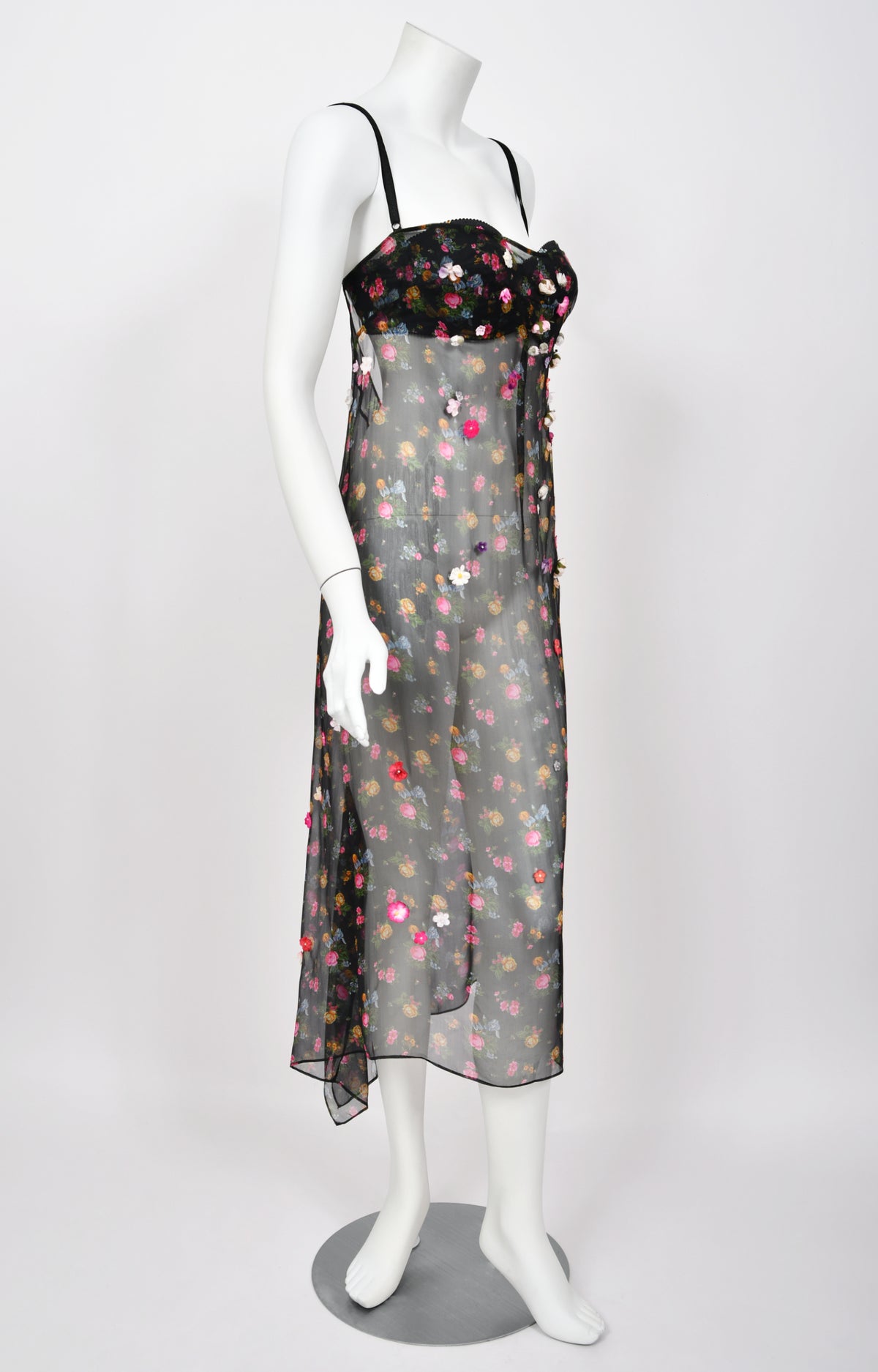 1999 Dolce &amp; Gabbana Sheer Appliqué Floral Silk Built-In Bra Slip Dress