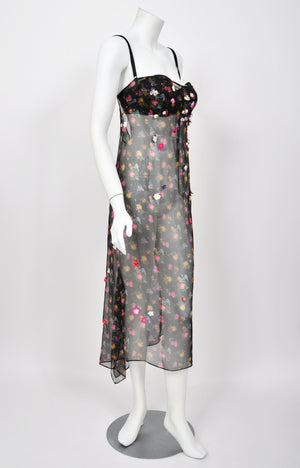1999 Dolce & Gabbana Sheer Appliqué Floral Silk Built-In Bra Slip Dress