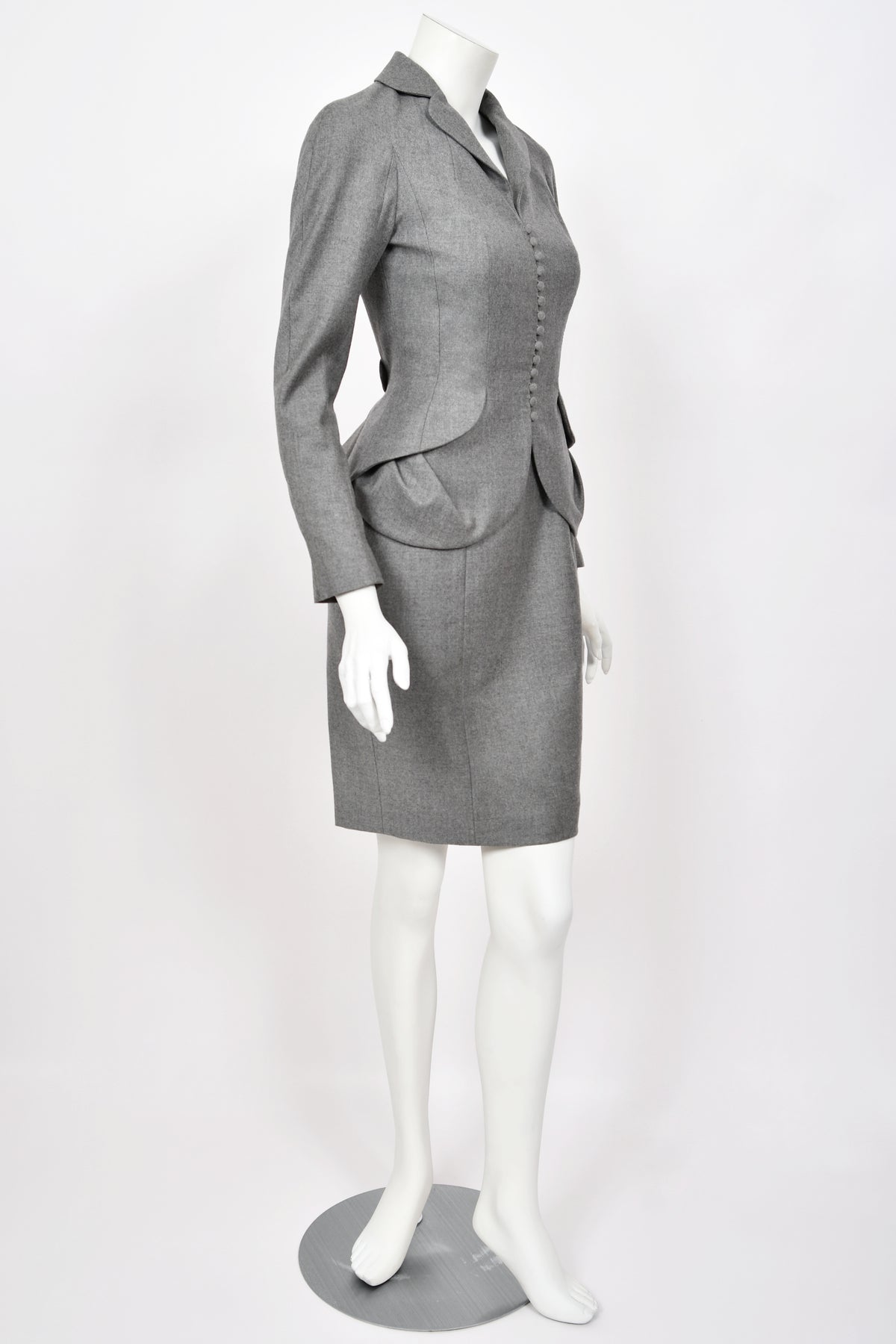 1998 John Galliano ‘Cabaret’ Collection Charcoal Gray Wool Dress & Peplum Jacket Suit