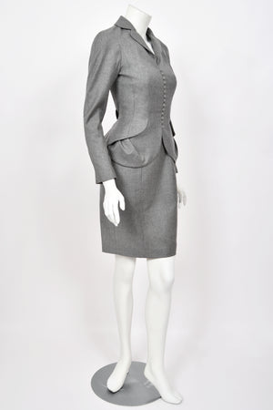 1998 John Galliano ‘Cabaret’ Collection Charcoal Gray Wool Dress & Peplum Jacket Suit