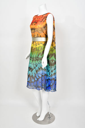 2008 Alexander McQueen Documented Rainbow Butterfly Print Silk Belted Cape Dress