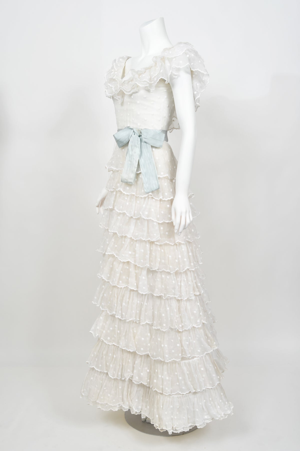 1975 Chanel Haute Couture White Dotted Organza Off-Shoulder Tiered Ruffle Gown