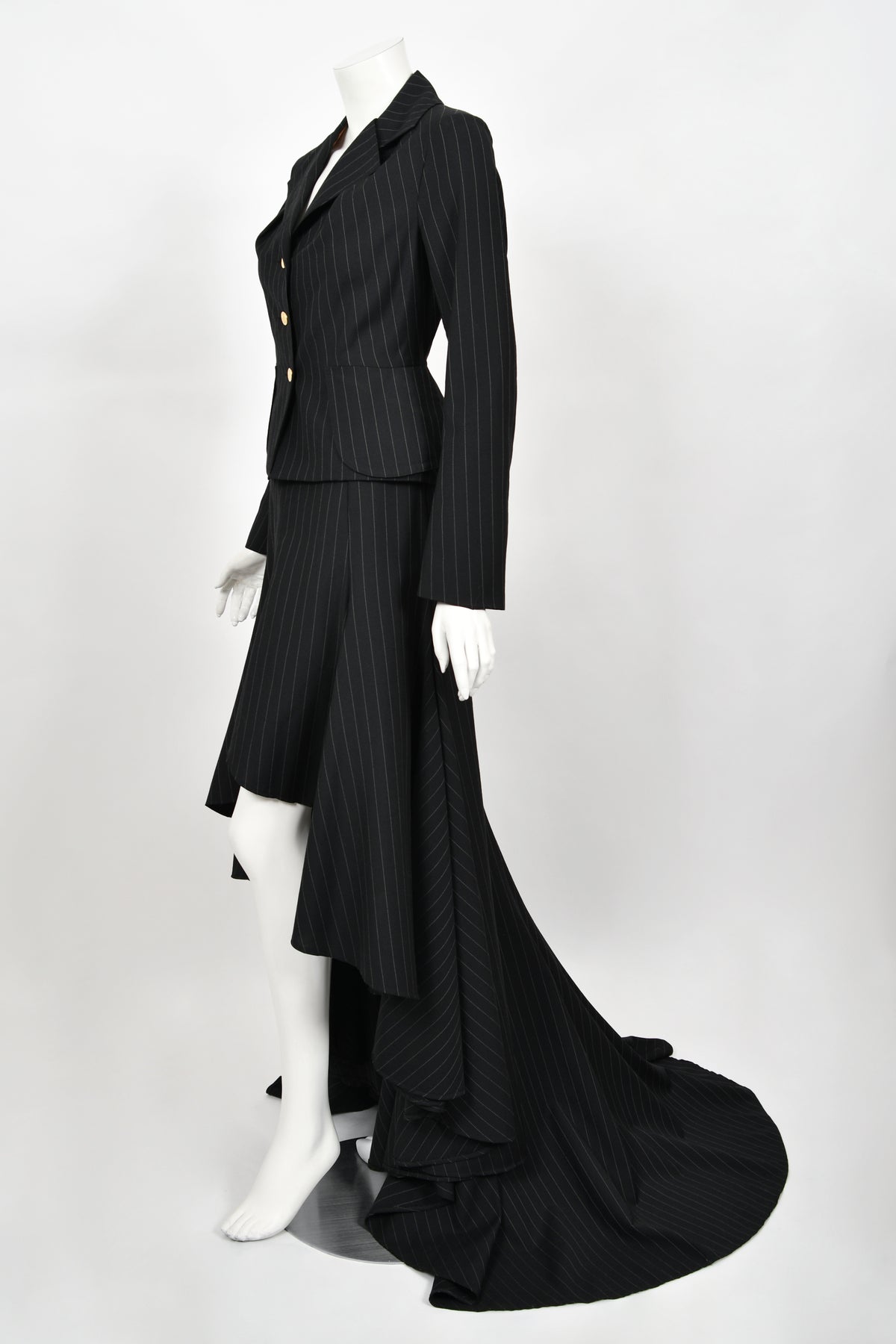 1994 Vivienne Westwood Pinstripe Wool Jacket &amp; High-Low Trained Skirt Ensemble