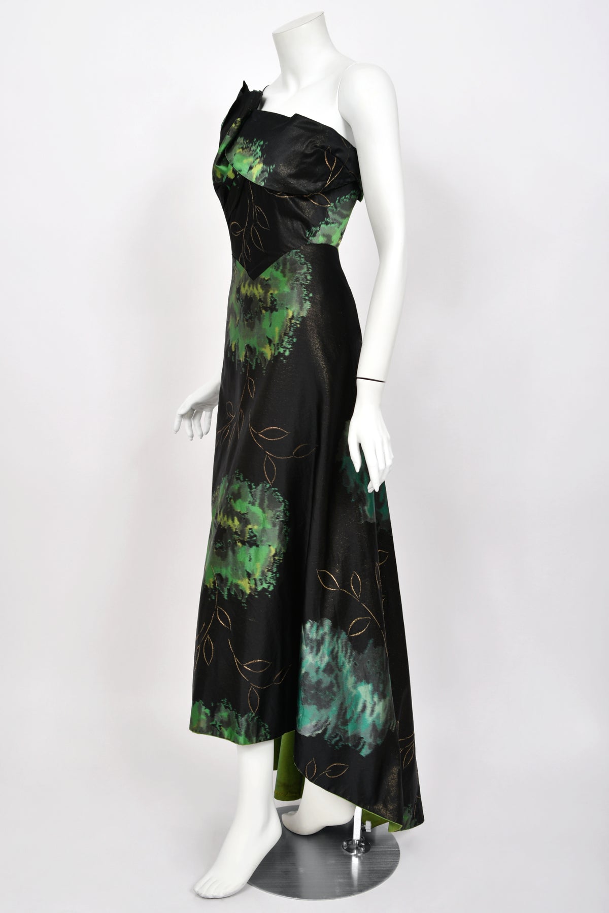 1950 Irene Lentz Couture Metallic Green & Black Floral Silk Sculpted Bustier High-Low Gown
