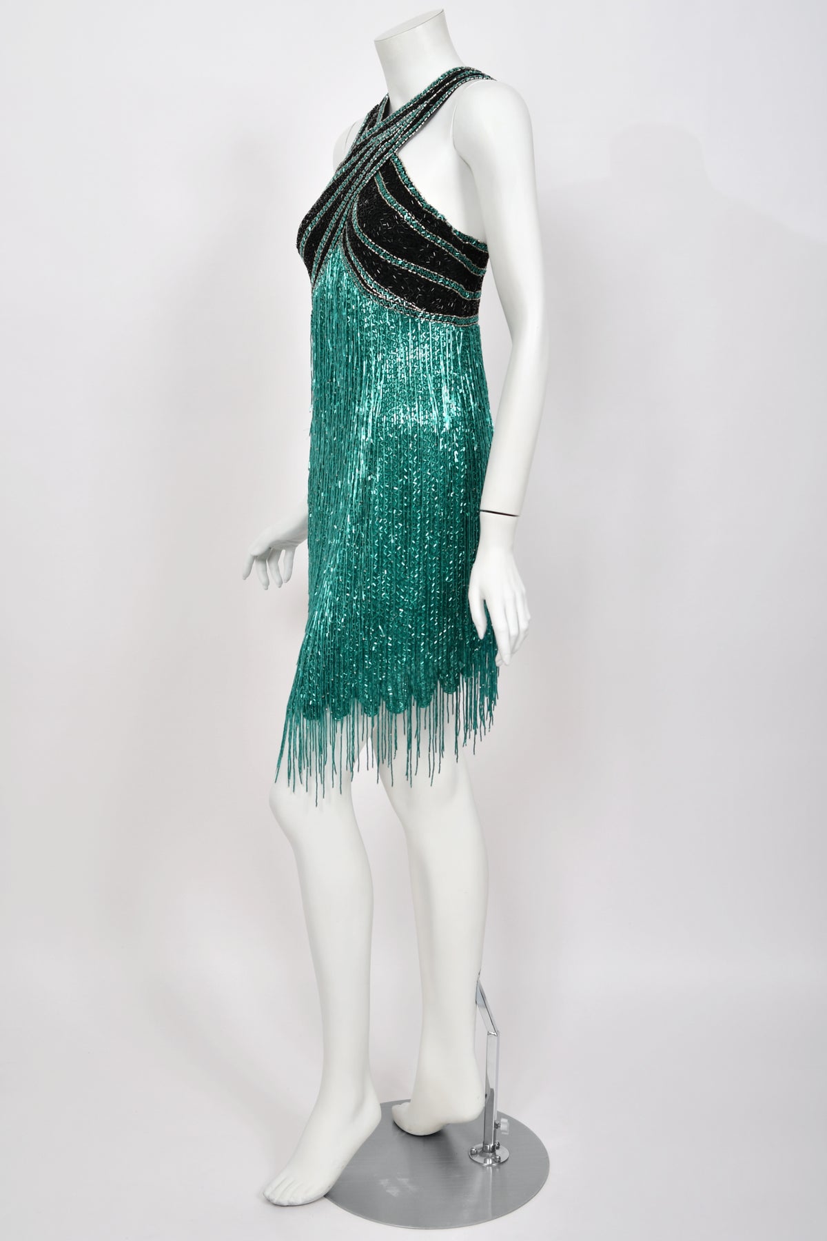 1990 Bob Mackie Teal-Green &amp; Black Beaded Fringe Backless Cocktail Dress