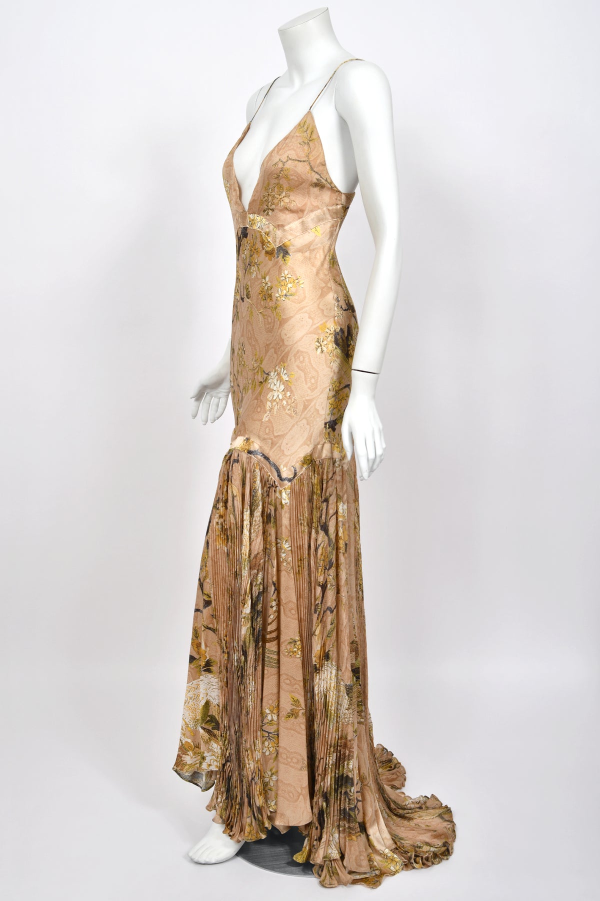 2006 Roberto Cavalli Champagne Floral & Bird Motif Silk Pleated High Low Bias-Cut Gown