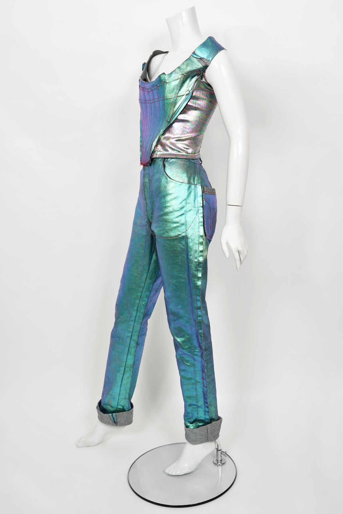 1993 Vivienne Westwood Runway Metallic Foiled Denim Corset Bustier &amp; Matching Pants