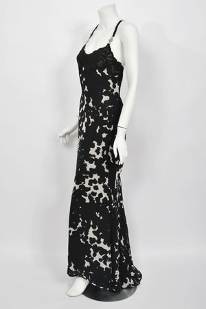 1996 Gianni Versace Couture Documented Black White Silk Lace-Bust Lingerie Gown