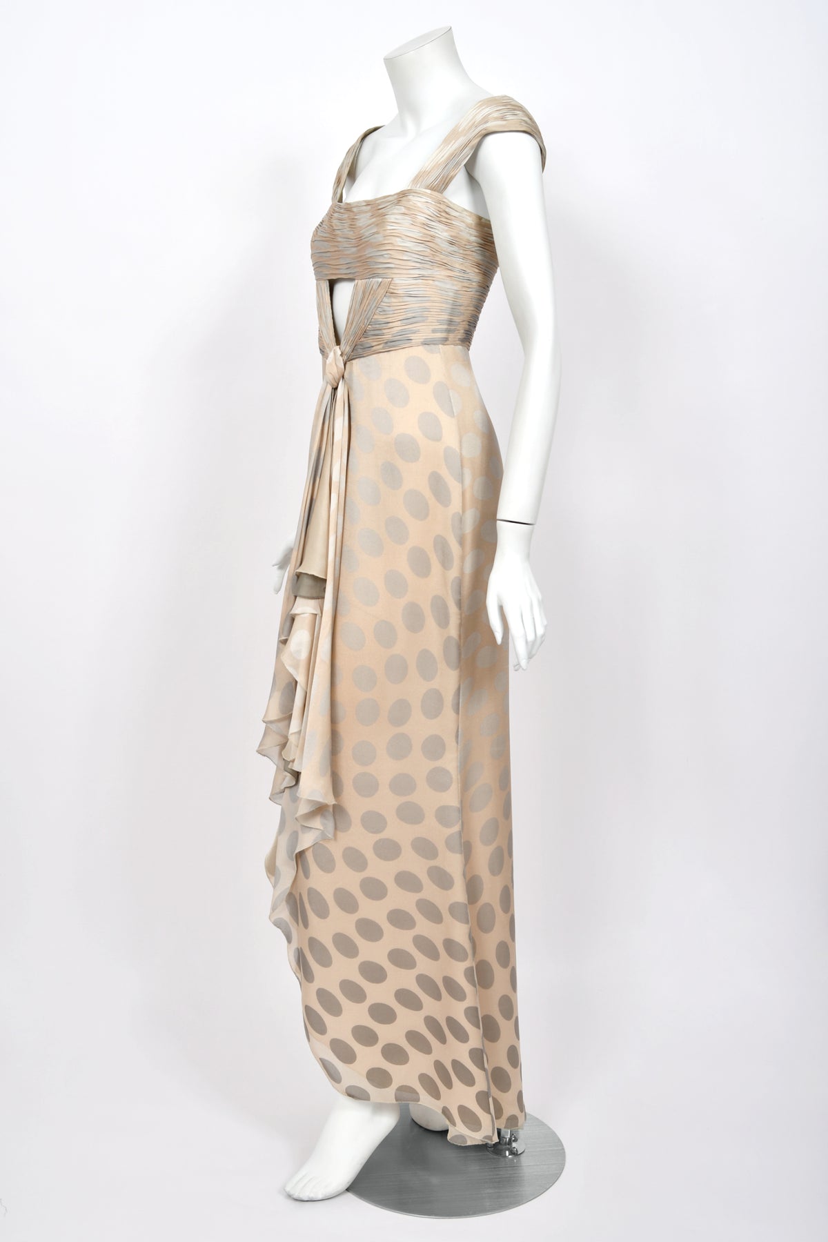 2008 Valentino Runway Polka-Dot Champagne &amp; Silver Silk Ruched Cut-Out Gown
