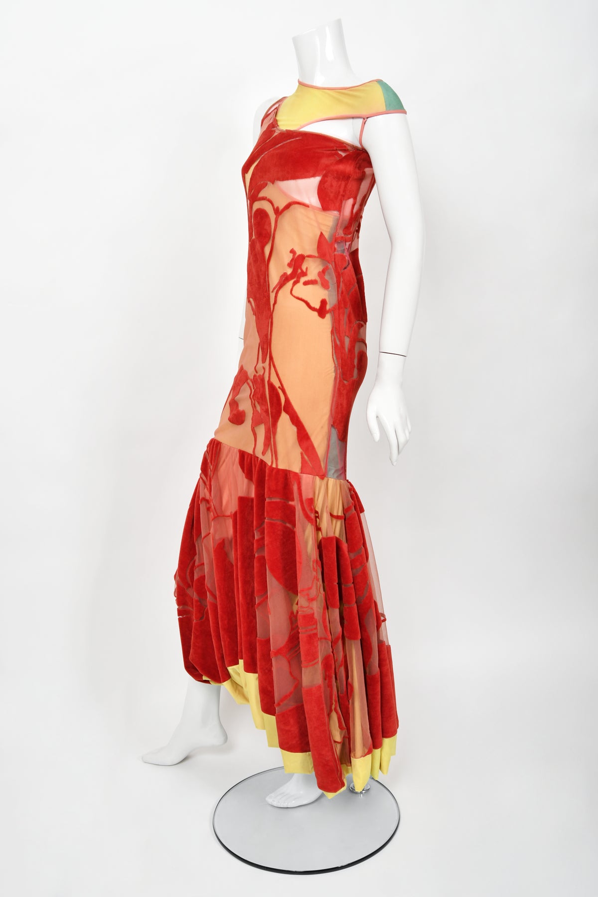 1991 John Galliano Documented Runway Red Flocked Velvet Asymmetric Bias-Cut Gown