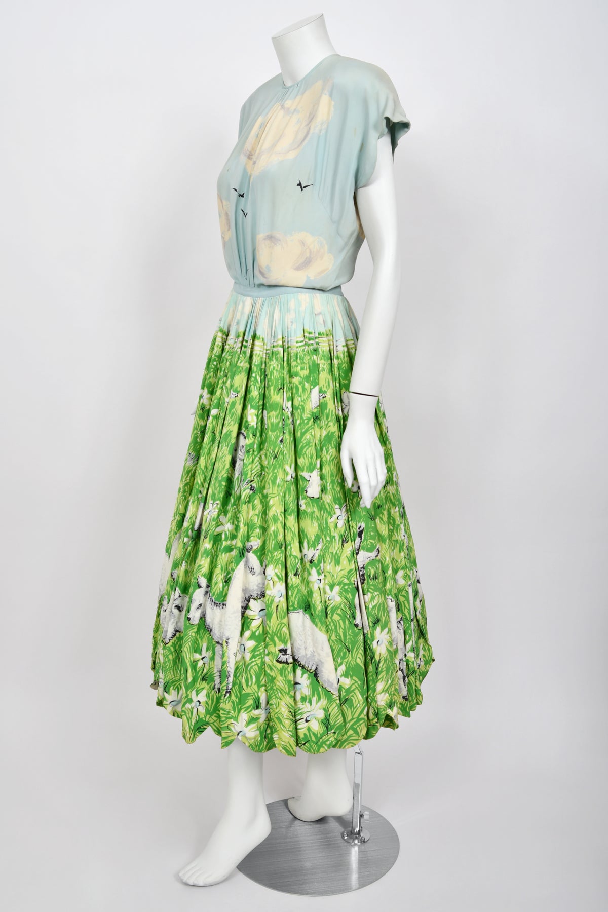 1942 Gilbert Adrian Iconic 'Gamboling Lambs' Scenic Print Scalloped Patio Dress