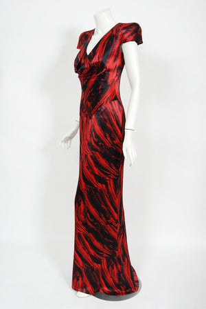 2009 Alexander McQueen Lifetime Red & Black Feather Print Silk Hourglass Gown