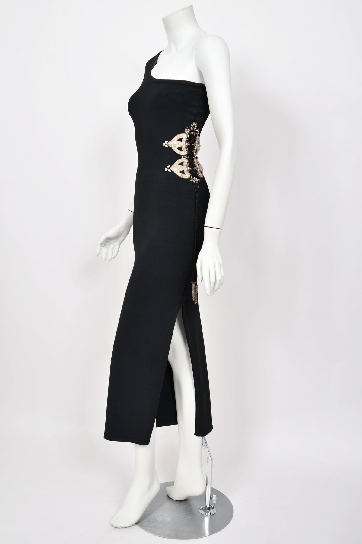 1994 Christian Dior Runway Metallic Embroidered Black Stretch Silk One-Sleeve Hourglass Dress