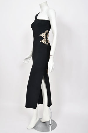 1994 Christian Dior Runway Metallic Embroidered Black Stretch Silk One-Sleeve Hourglass Dress