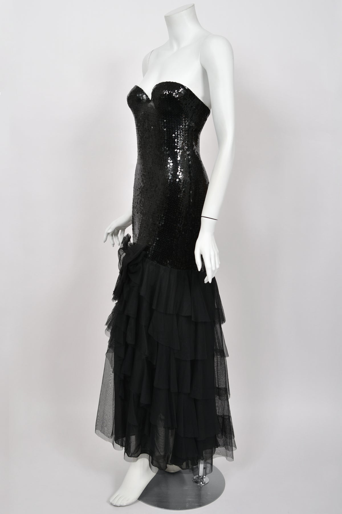 1978 Loris Azzaro Couture Black Sequin Strapless Tiered-Ruffle Gown & Sheer Capelet