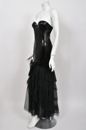 1978 Loris Azzaro Couture Black Sequin Strapless Tiered-Ruffle Gown & Sheer Capelet