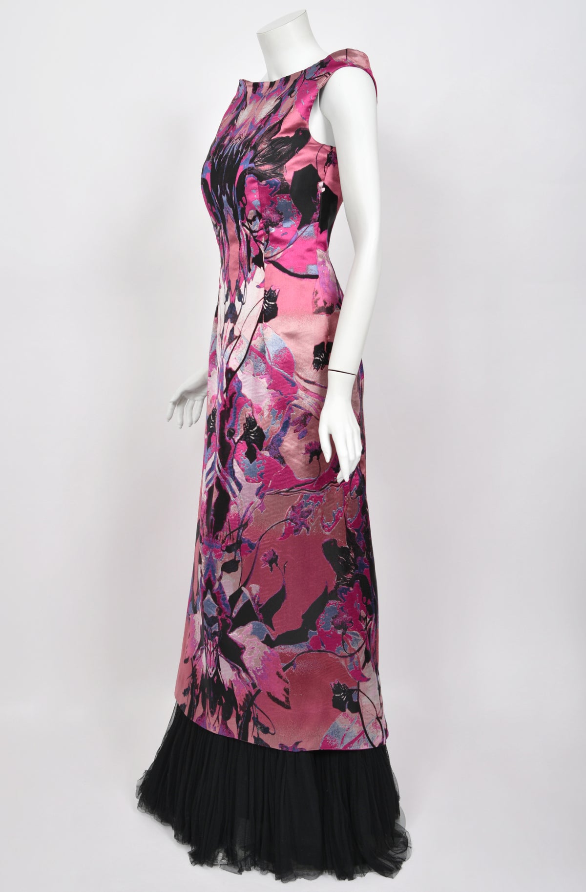 2010 Alexander McQueen Orchid Print Silk Jacquard &amp; Tulle Asymmetric Bustle Gown