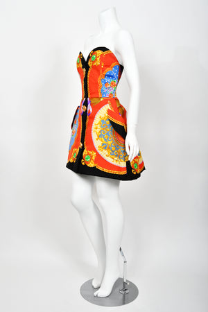 1991 Gianni Versace Documented Runway Baroque Print Silk Strapless Mini Dress