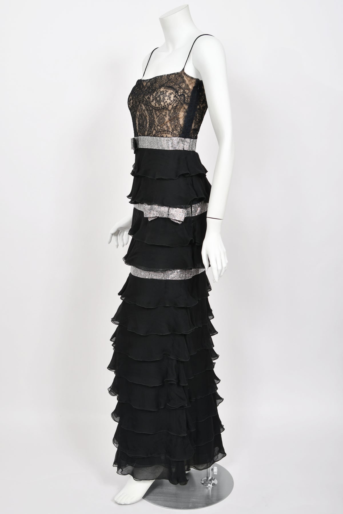 2007 Valentino Runway Black Sheer Silk &amp; Lace Illusion Crystal-Bows Tiered Gown