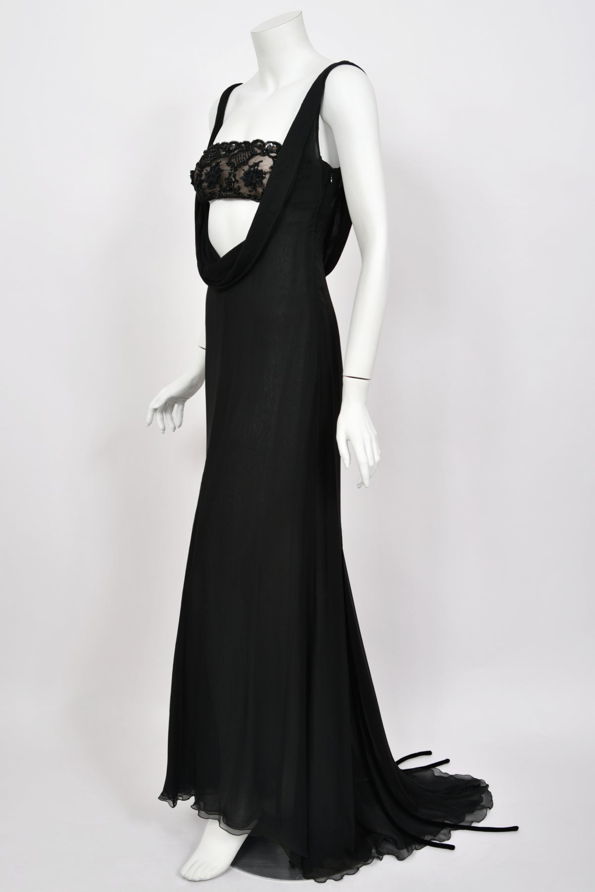 2004 Valentino Runway Beaded Bralette Draped Sheer Silk Cut-Out Gown