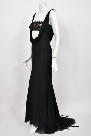 2004 Valentino Runway Beaded Bralette Draped Sheer Silk Cut-Out Gown