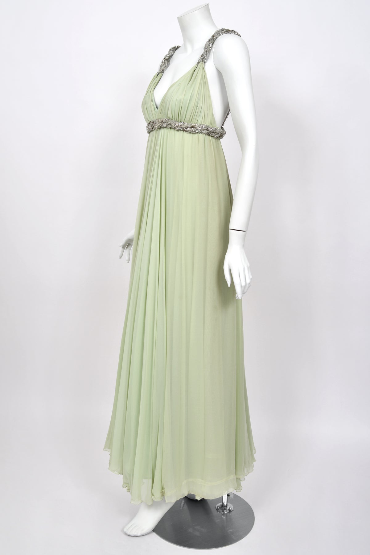 1965 Sarmi Couture Seafoam Green Jeweled Silk Chiffon Empire Plunge Grecian Gown
