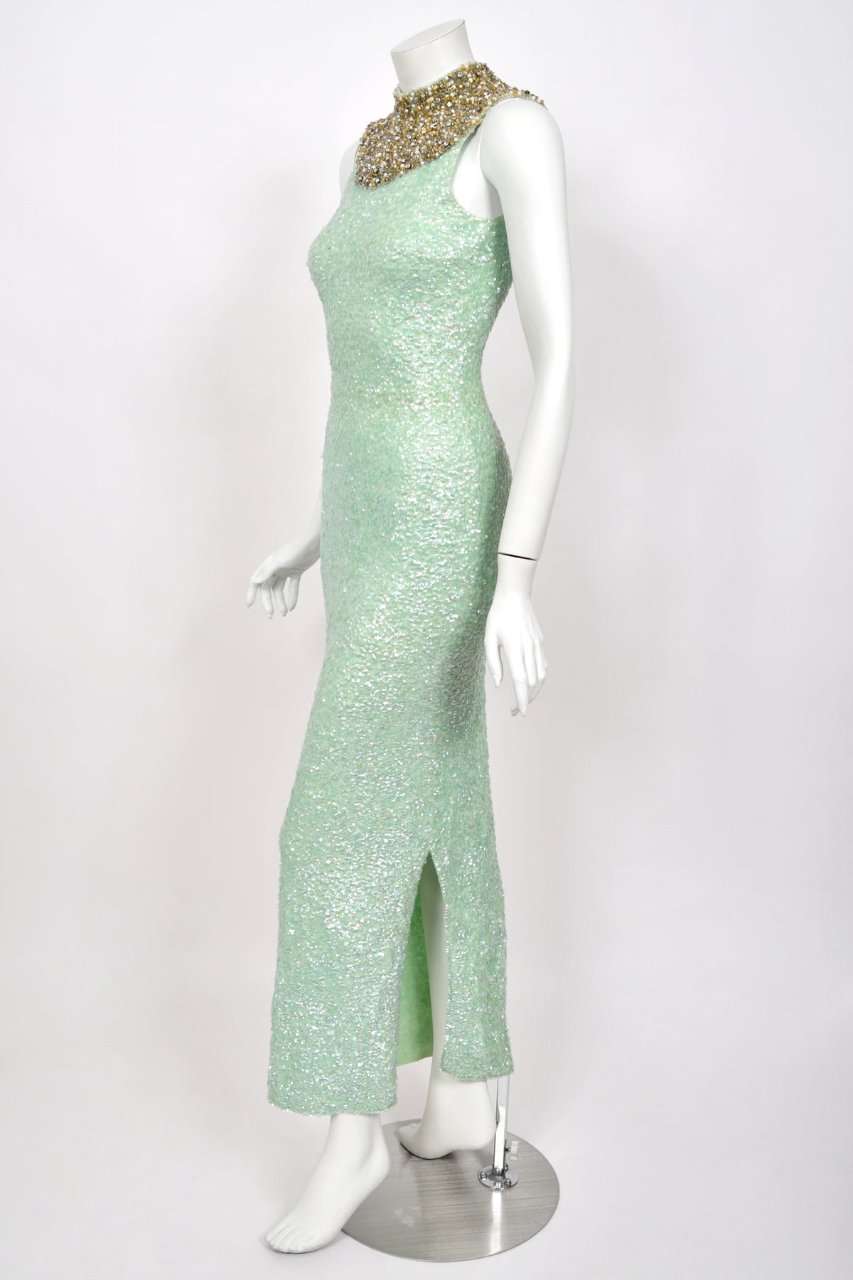 1960's Gene Shelly Seafoam Fully- Sequin Stretch Knit Beaded Collar Hourglass Gown