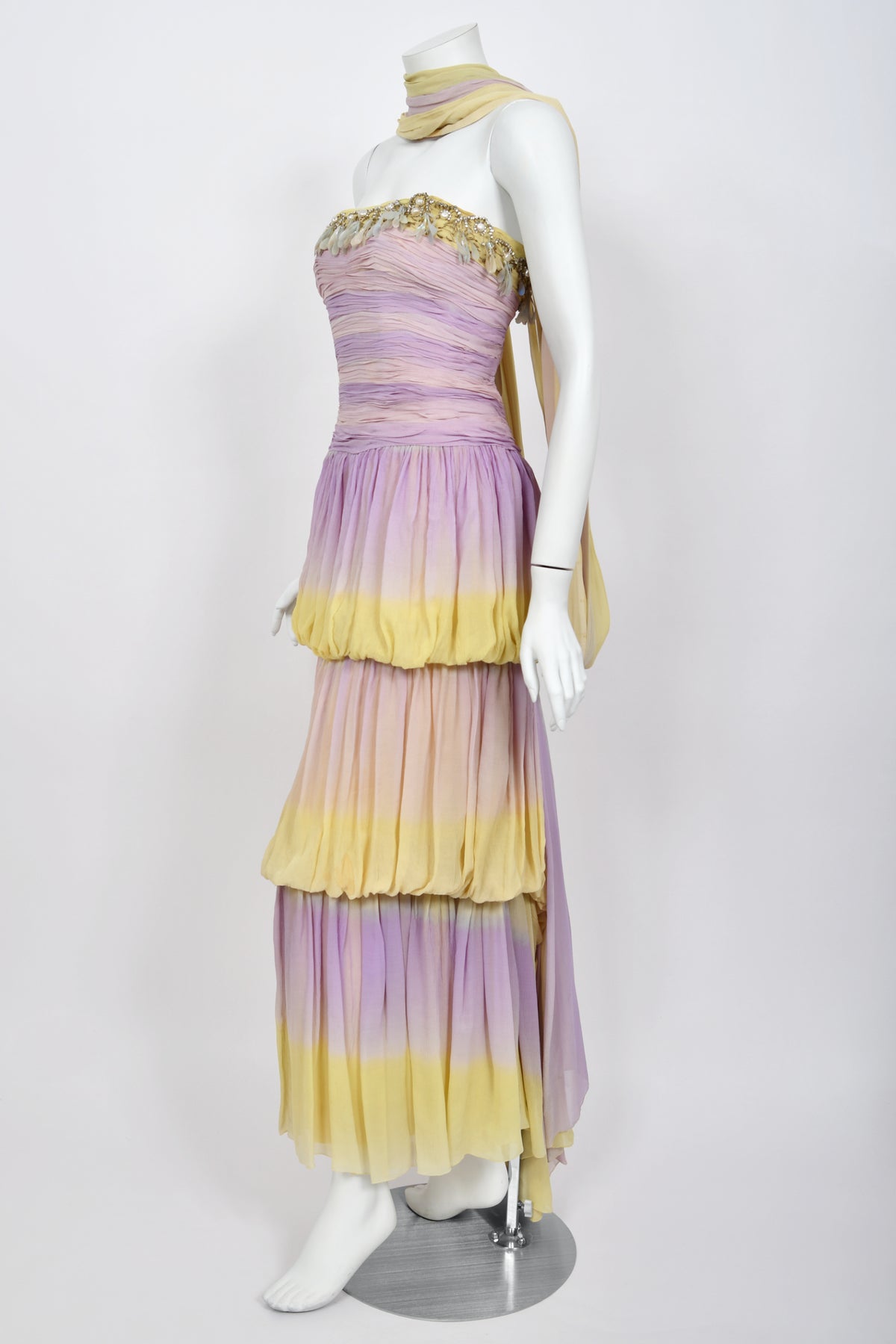 1950 Carven Haute Couture for Cécile Aubry Lilac Yellow Ombré Silk Corset Strapless Hooded Gown
