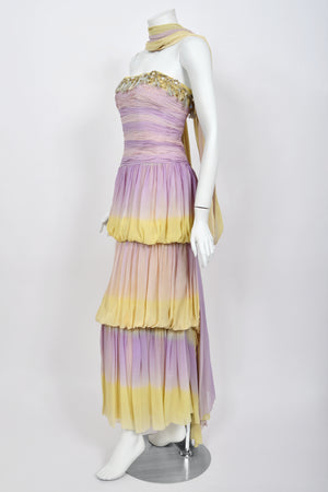 1950 Carven Haute Couture for Cécile Aubry Lilac Yellow Ombré Silk Corset Strapless Hooded Gown