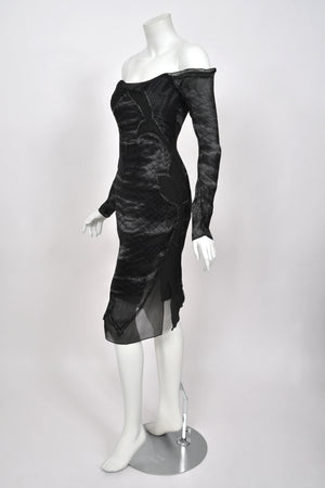 2004 Tom Ford for Yves Saint Laurent Runway Sheer Black Boned Off-Shoulder Hourglass Dress