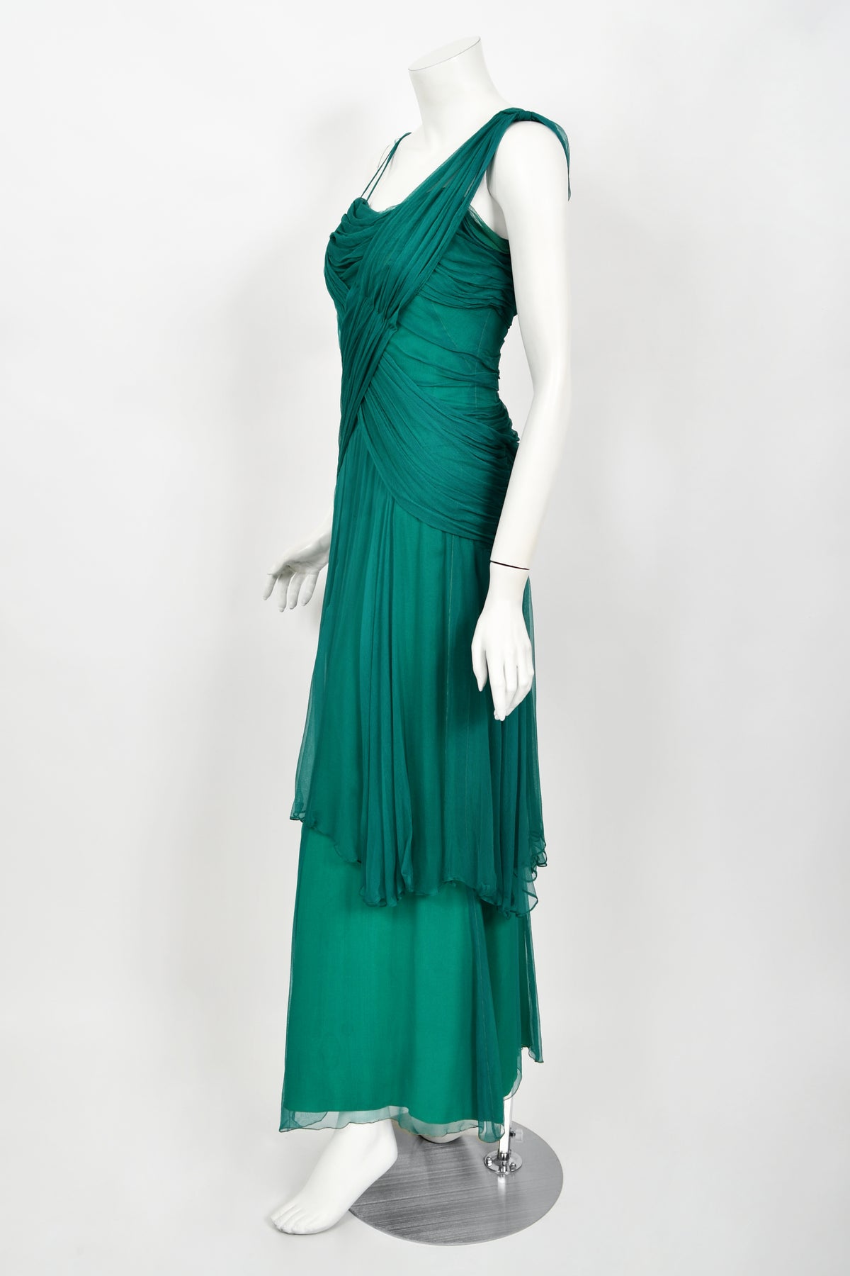 1958 Irene Lentz Couture Teal Green Draped Silk Grecian Goddess Gown