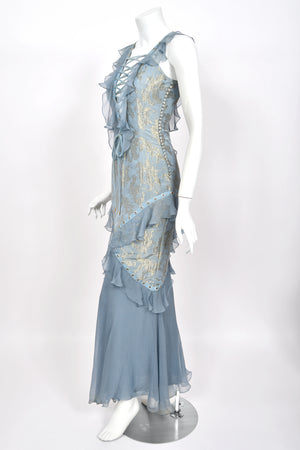2003 Christian Dior by John Galliano Metallic Powder Blue Floral Silk Brocade Lace Up Bias-Cut Gown