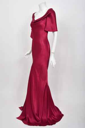 1999 John Galliano Maori Collection Wine Red Asymmetric High Slit Bias-Cut Gown