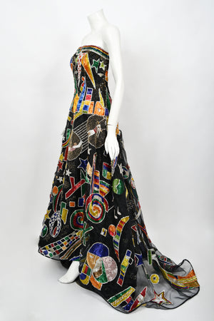 1989 Gianni Versace Haute Couture Beaded Circus Novelty Strapless Gown and Shawl