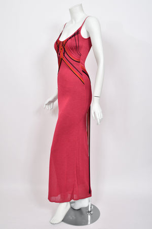 2003 Christian Dior by John Galliano Burgundy Red Stretch-Knit Draped Strings Maxi Dress