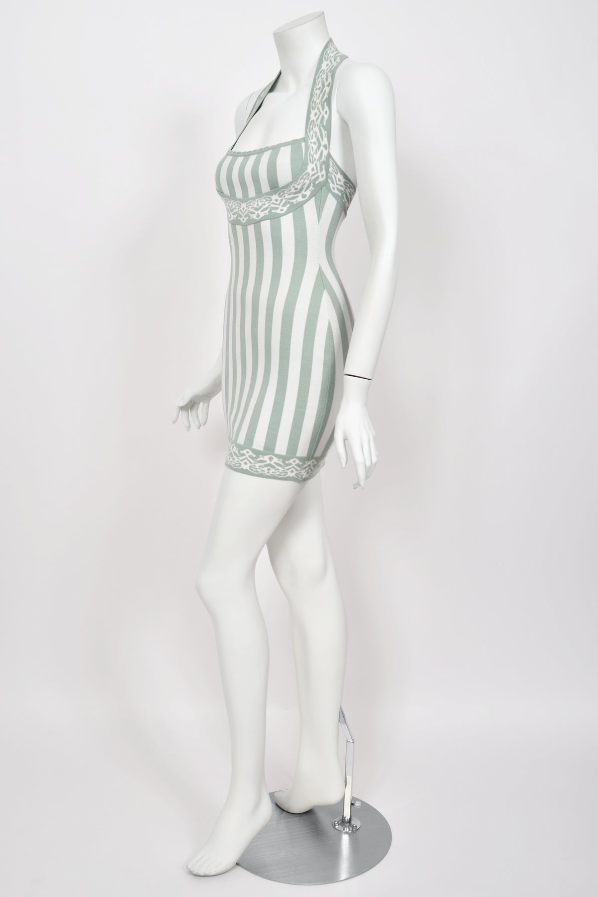 1992 Azzedine Alaia Runway Mint &amp; Ivory Striped Stretch Knit Halter Bodycon Mini Dress