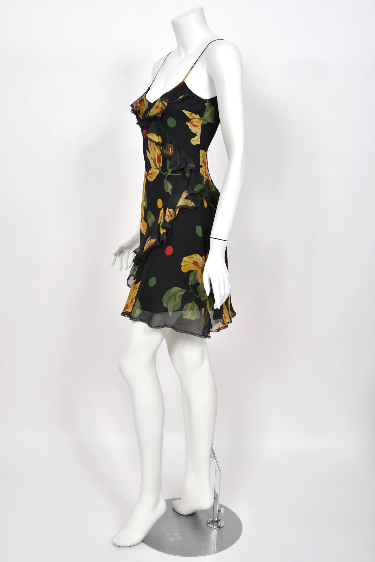 2004 John Galliano Large Scale Deco Floral Chiffon & Lace Bias-Cut Slip Dress