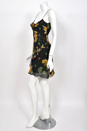 2004 John Galliano Large Scale Deco Floral Chiffon & Lace Bias-Cut Slip Dress