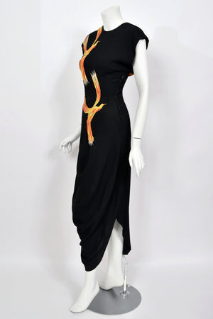 1946 Jourdelle of Hollywood Documented Novelty Firebirds Black Crepe Draped Gown