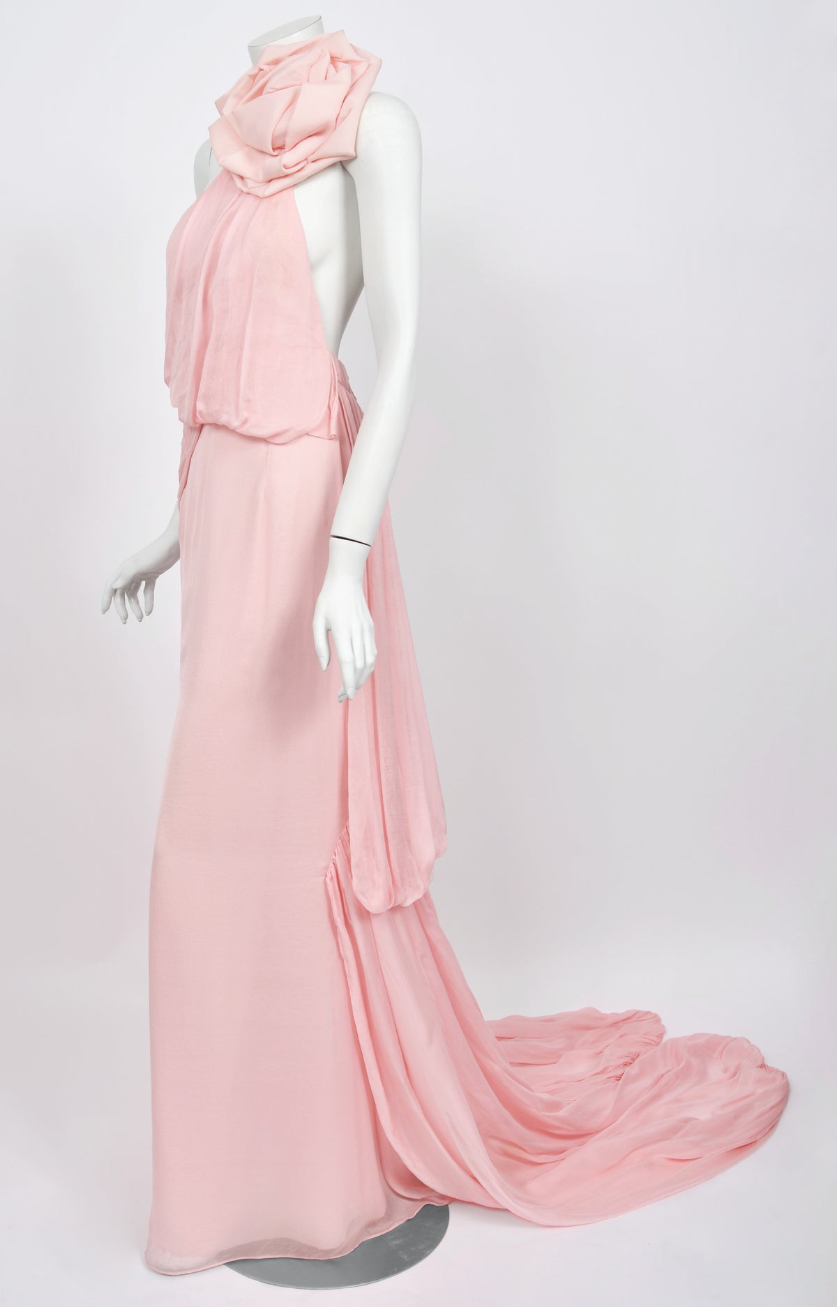 2008 Emanuel Ungaro Runway Blush-Pink Silk Floral Appliqué Trained Gown