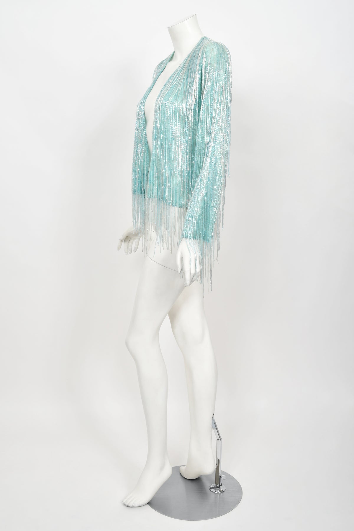 1970&#39;s Halston Couture Ice Blue Beaded Silk Fringe Disco Cardigan Jacket