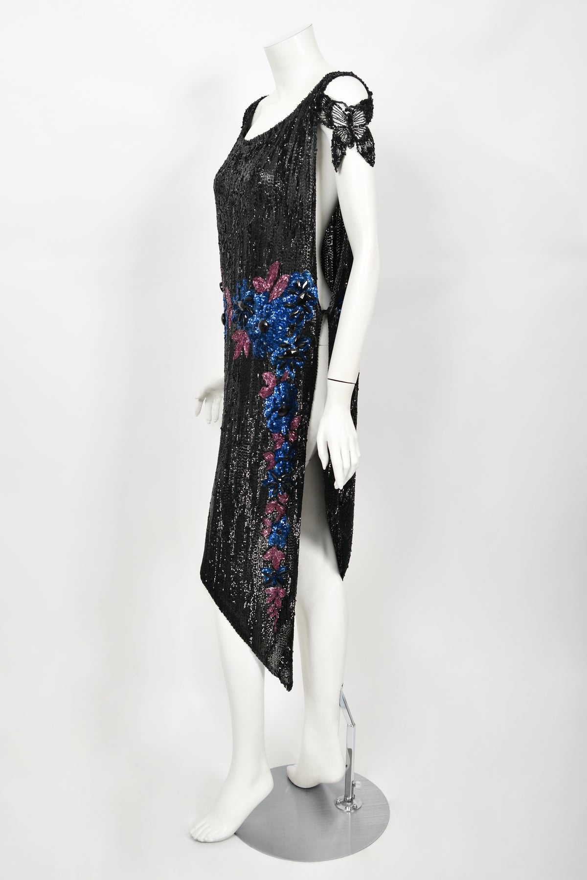 1920&#39;s Beaded Sequin Sheer-Net Butterfly Motif Asymmetric Flapper Dress