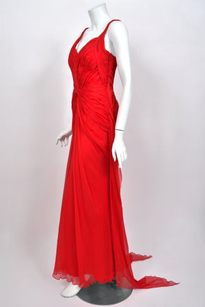 2007 Emanuel Ungaro Lipstick Red Heavily Ruched Silk Chiffon Trained Hourglass Gown