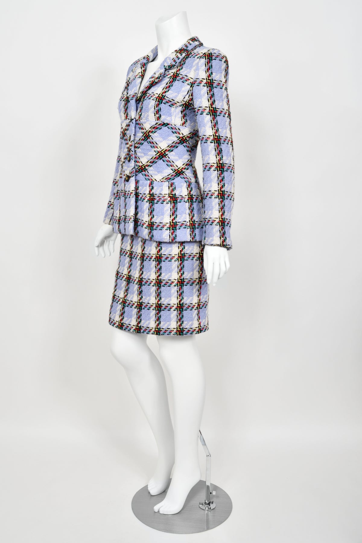 1995 Chanel by Karl Lagerfeld Runway Periwinkle Plaid Wool Barbie Jacket &amp; Skirt