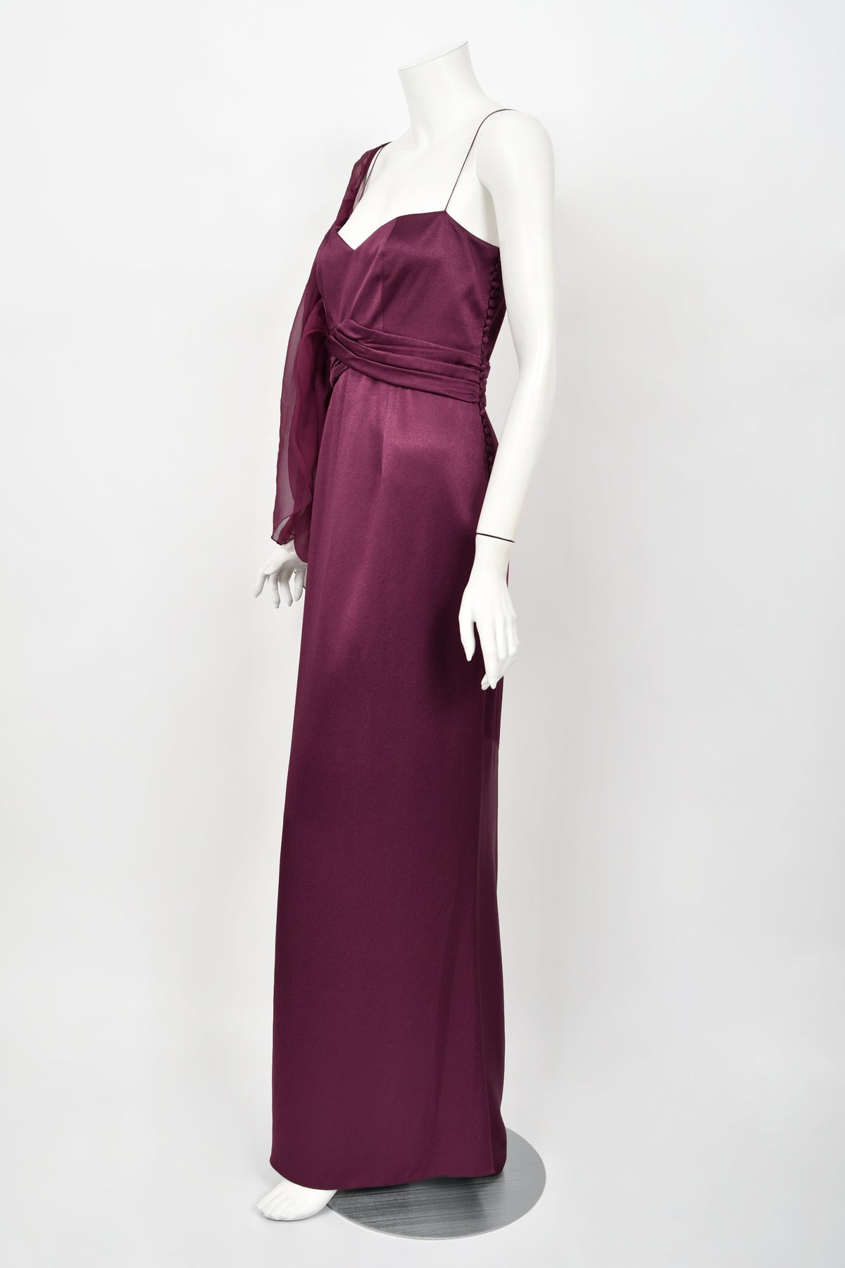 2000 Christian Dior by John Galliano Purple Silk Sheer-Sleeve Asymmetric Draped Gown