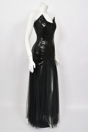 1986 Thierry Mugler 'Hiver Russe' Collection Black Sequin Bustier Sheer Gown