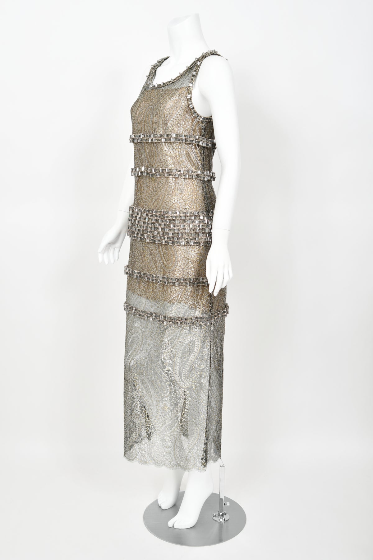 2012 Chanel by Karl Lagerfeld Runway Crystal Beaded Sheer Silver &amp; Gold Lace Dress