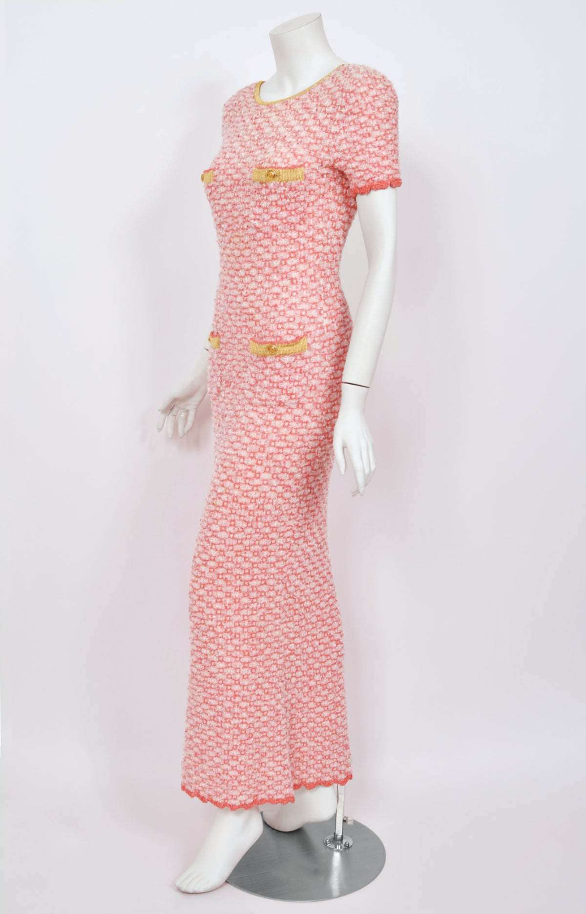 1997 Chanel by Karl Lagerfeld Runway Metallic Pink Stretch Knit Maxi Dress